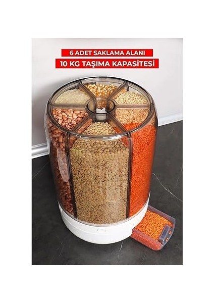 Bölmeli Mutfak Saklama Kabı, 360° Dönebilen Bakliyat Organizeri, 10 kg Kapasiteli, fiyatları