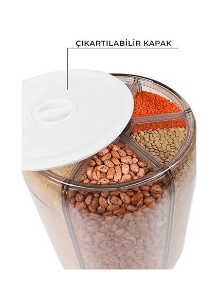 Bölmeli Mutfak Saklama Kabı, 360° Dönebilen Bakliyat Organizeri, 10 kg Kapasiteli, indirimleri
