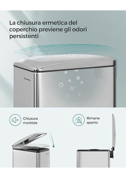 Mutfak Çöp Kutusu, 48 Litre, Dar, Çöp Kutusu, Dar Alanlar Için Pedallı Çöp Kutusu, Yavaş Kapanan Kapaklı ve Iç Kovalı Mutfak Çöp Kutusu, Paslanmaz Çelik, 15 Çöp Torbası Dahil, Gümüş modelleri