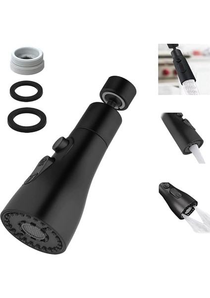 Musluk, Yedek Duş Başlığı, 360° Döndürülebilir, 3 Mod, Döndürülebilir Musluk, Başlık, Mutfak Armatürü, Adaptörlü, FM22 Mutfak Armatürü, Püskürtme Başlığı (Siyah)