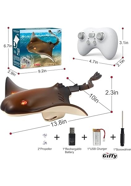 Kumandalı Vatoz Balığı Su Geçirmez Şarjlı Işıklı Hareketli Kuyruk Full Fonksiyon Hareketli, Havuz Oyuncakları, 2.4g Yüksek Simülasyonlu Vatoz Sualtı Hayvan Su modelleri