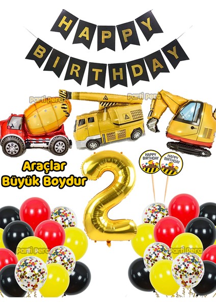 Inşaat Temalı Doğum Günü Balon Parti Seti Mixer Vinç Kepçe Folyo Balon Seti Rakam Gold Balon 76 cm