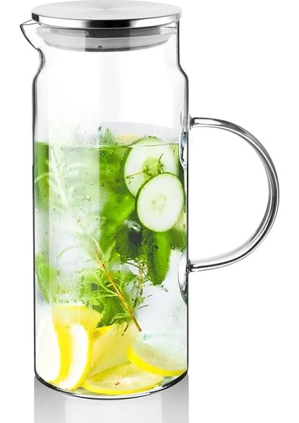 Toptan Cam Sürahi Borasilikat Isıya Dayanıklı Metal Kapaklı Isıtılabilir Vakum Kapaklı Cam Karaf Sürahi 1300 ml