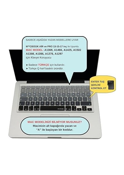 MacBook Klavye Filmi Türkçe Q Kaplama Ultra Ince Silikon Air Pro Eski USB Li Modeller 2008-2017 Uyumlu Yıkanabilir Koruyucu Film Renkli Baskı Siyah Gri fiyatları