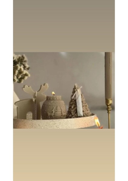 Candle Dekoraitf Mum Geyik+Çamdan Ağaç+Çizgili Şamdan Mum +Coin Toplam 4 Parça