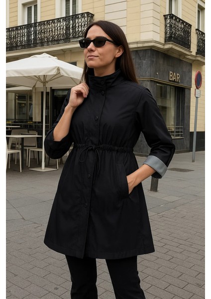 Kadın Astarlı Premium Siyah Kısa Trençkot