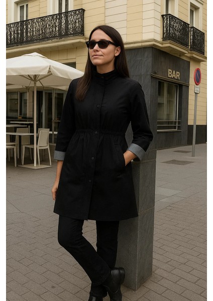 Kadın Astarlı Premium Siyah Kısa Trençkot fırsatları