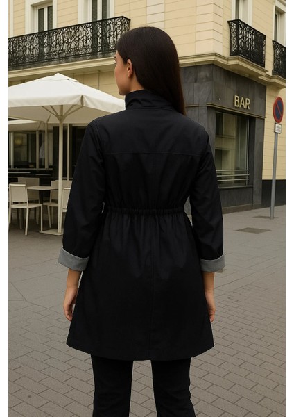 Kadın Astarlı Premium Siyah Kısa Trençkot