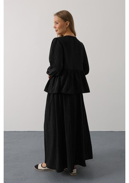 Önü Bağlamalı Etekli Takım - Siyah