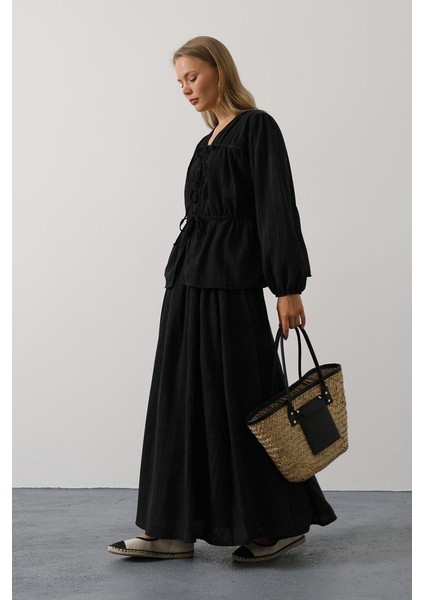 Önü Bağlamalı Etekli Takım - Siyah