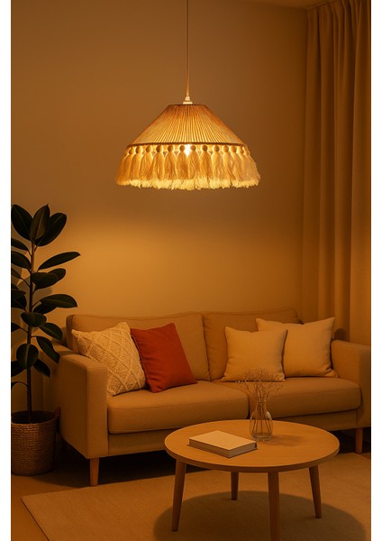 El Yapımı Doğal Bohem Jüt Ipli Püsküllü Avize Konik Şekilli Şapka Makrome Püsküllü