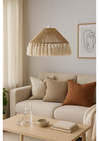 El Yapımı Doğal Bohem Jüt Ipli Püsküllü Avize Konik Şekilli Şapka Makrome Püsküllü fiyatları