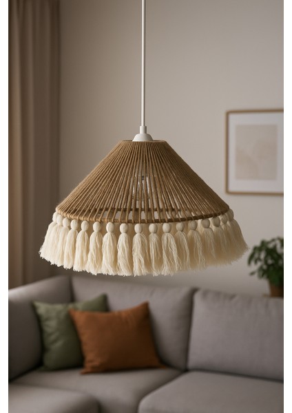 El Yapımı Doğal Bohem Jüt Ipli Püsküllü Avize Konik Şekilli Şapka Makrome Püsküllü modelleri