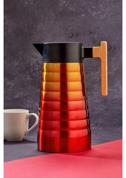 2 Litre Çift Katmanlı Paslanmaz Çelik Termos Bambu Saplı, 12 Saat Sıcak 24 Saat Soğuk Tutma Kapasite Kırmızı Sarı 2097KIRMIZISARI