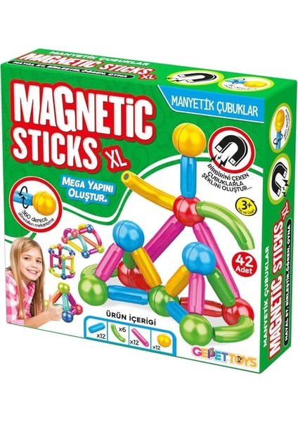 Boy 42 Parça Manyetik Çubuklar ve Toplar Stem Oyuncağı Eğitici Zeka Geliştirici Oyuncak, Manyetik Çubuklar ve Toplar