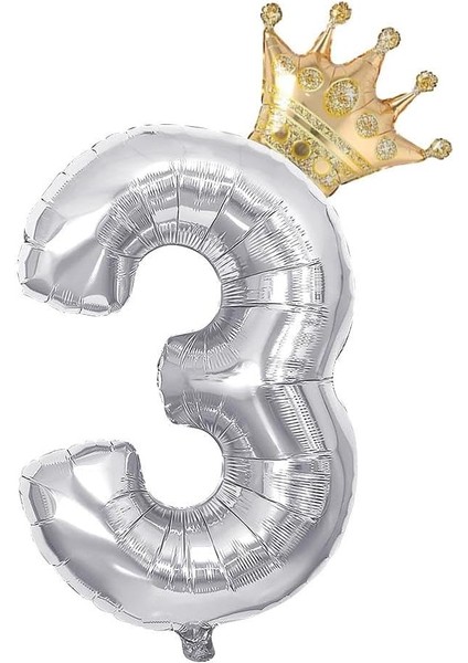 Gitti Gümüş 3 Rakam ve Gold Kral Tacı Folyo Balon Doğum Günü Parti Kutlama Seti