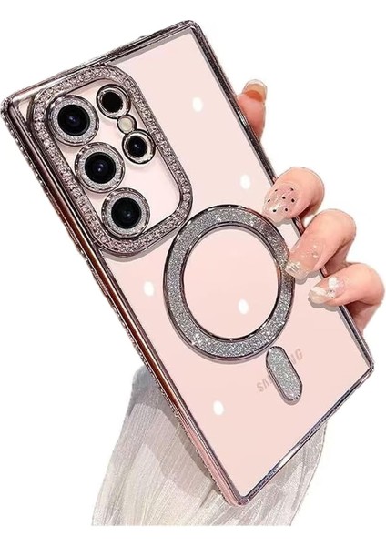 Samsung Galaxy S25 Ultra Uyumlu Kılıf Simli Magsafe Şarj Destekli Kamera Lens Koruma Parıltılı Kapak
