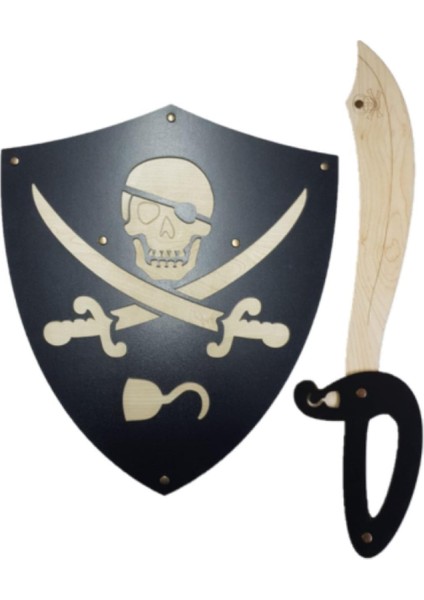 Siyah Ahşap Korsan Oyuncak Seti, Kalkan ve Kılıç ile Eğlence Dolu Oyunlar