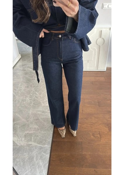 Kadın Vintage Yüksek Bel Lacivert Denim Pantolon