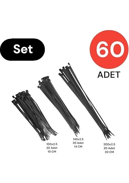 Plastik Kablo Bağı Cırt Kelepçe Set 100 mm - 150 mm - 250 mm x 2.5 mm Siyah (20 Şer Adet x 3) 60 Adet fiyatları
