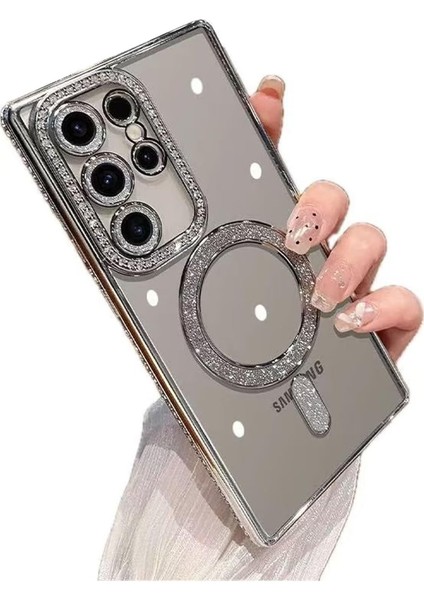 Samsung Galaxy S23 Ultra Uyumlu Kılıf Simli Magsafe Şarj Destekli Kamera Lens Koruma Parıltılı Kapak