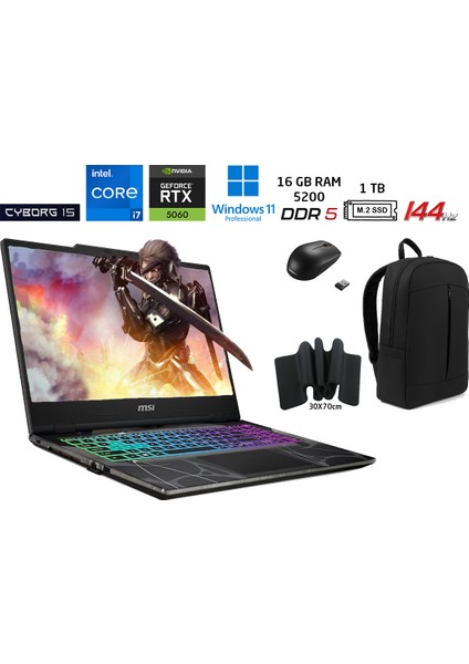 Msı cyborg 15 B13WFKG-490XTR Intel Corei7 13620H 16GB 1tbssd RTX5060 W11PRO 15.6" Fhd 144Hz Duddi Çanta+Mouse+Mousepad