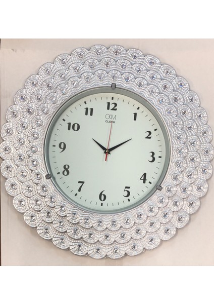 Dekoratif Taşlı Yuvarlak Duvar Saati Gümüş Renk