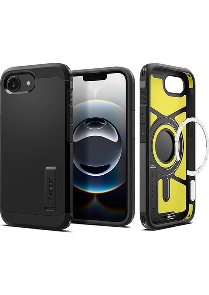 iPhone 16E ile Uyumlu Ekstra Dayanıklı Magsafe Kılıf Tough Armor Ai Hava Kanalı Teknolojisi Askeri Sınıf Koruma Magfit Kickstand'lı Black Çift Katman Kapak - ACS09137