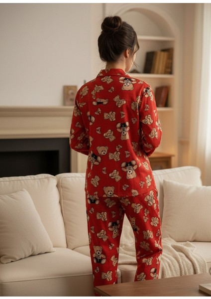 Kadın Teddy Bear Ayıcık Desenli Süet Düğmeli Pijama Takımı (Kırmı modelleri