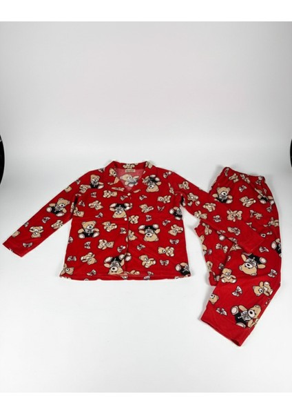 Kadın Teddy Bear Ayıcık Desenli Süet Düğmeli Pijama Takımı (Kırmı fırsatları