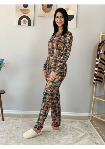 Kadın Teddy Bear Ayıcık Desenli Süet Düğmeli Pijama Takımı Yeşil fiyatları