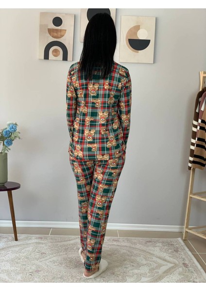 Kadın Teddy Bear Ayıcık Desenli Süet Düğmeli Pijama Takımı Yeşil modelleri