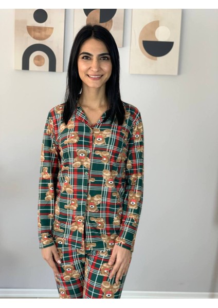 Kadın Teddy Bear Ayıcık Desenli Süet Düğmeli Pijama Takımı Yeşil fırsatları