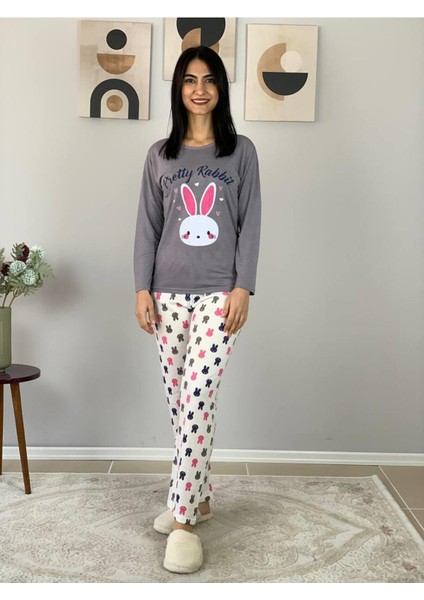Kadın Tavşan Desenli Pijama Takımı (Gri- Beyaz) Gri XL