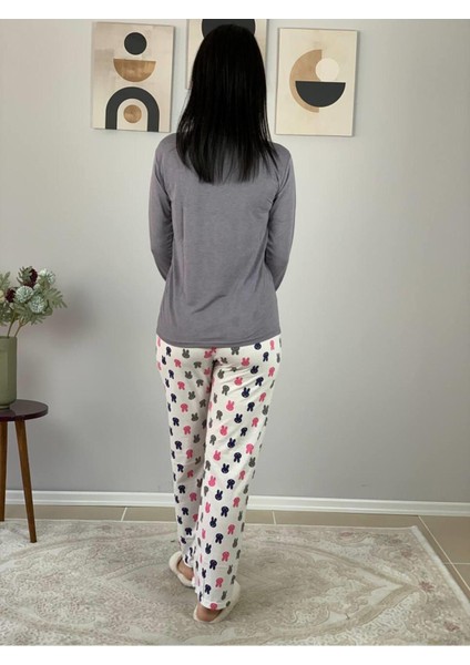 Kadın Tavşan Desenli Pijama Takımı (Gri- Beyaz) Gri XL modelleri