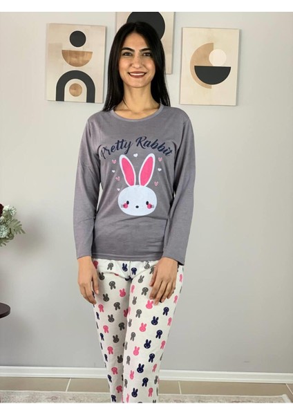 Kadın Tavşan Desenli Pijama Takımı (Gri- Beyaz) Gri XL indirimleri