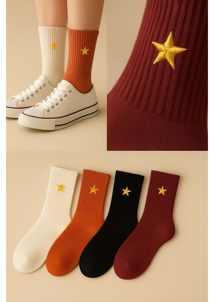 Kadın Yıldız Nakışlı Çorap Seti 4’lü Renkli Yazlık Kışlık