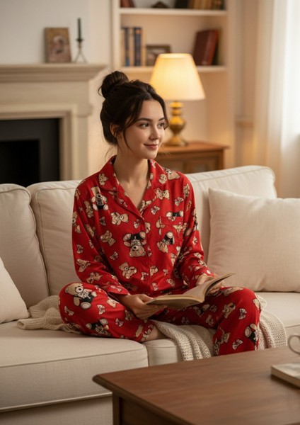 Kadın Teddy Bear Ayıcık Desenli Süet Düğmeli Pijama Takımı (Kırmı fiyatları