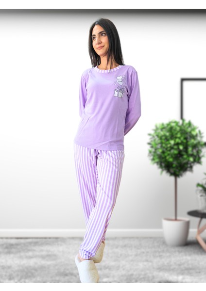 Sweet Kalp Desenli Pamuk Kadın Pijama Takımı (Eflatun) Mor fiyatları