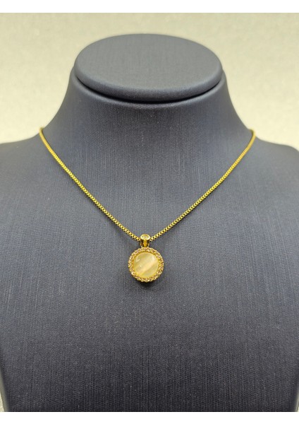 Beyaz Taşlı Gold Kenarlı Çelik Kolye fiyatları