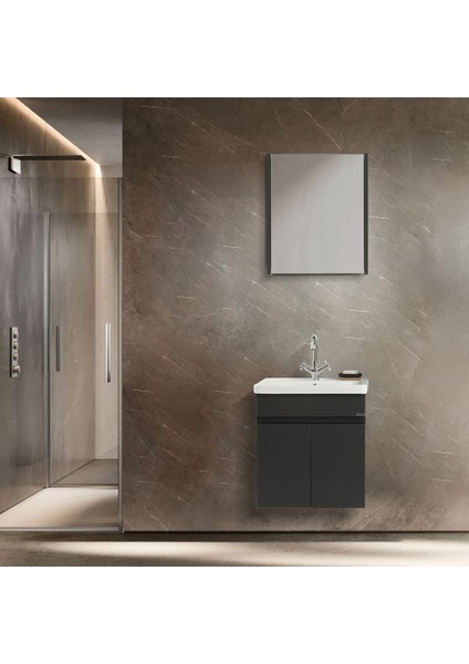 Arya 55 cm Siyah %100 Mdf Lavabolu Banyo Dolabı, Aynalı Üst Dolap