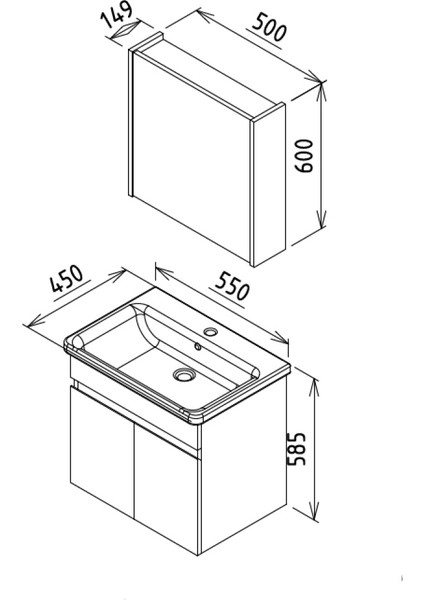 Arya 55 cm Siyah %100 Mdf Lavabolu Banyo Dolabı, Aynalı Üst Dolap fiyatları