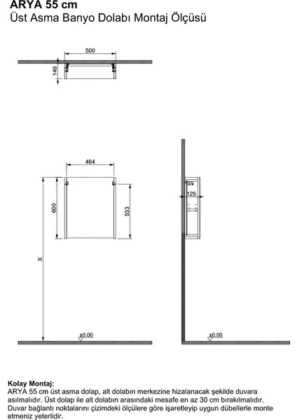 Arya 55 cm Siyah %100 Mdf Lavabolu Banyo Dolabı, Aynalı Üst Dolap fırsatları