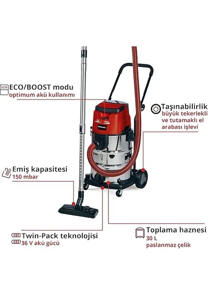 Akülü Islak/kuru Süpürge Te-Vc 36/30 Li S-Solo Power X-Change (36V, Eco/boost Modu, 30 L Paslanmaz Çelik Hazne, Üfleme Bağlantısı, 2,5 M Dayanıklı Hortum Dahil, Akü Dahil Değildir) - 2347140 modelleri