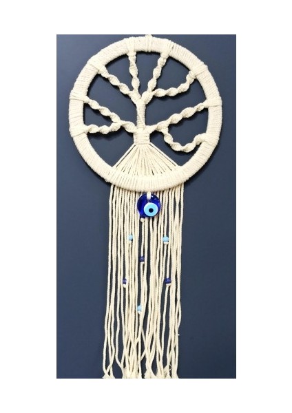 Nazar Boncuklu Ekru Renk Makrome Hayat Ağacı Duvar Süsü