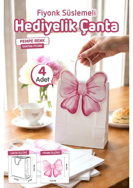 Burgu Saplı Karton Kurdeleli Çanta 4 Adet Hediye Paketi Çanta Poşet (Pembe)Doğum Günü, Düğün, Bebek PARTISI-T1541