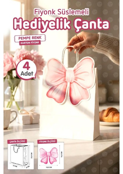 Burgu Saplı Karton Kurdeleli Çanta 4 Adet Hediye Paketi Çanta Poşet (Pembe)Doğum Günü, Düğün, Bebek PARTISI-T1541 fiyatları