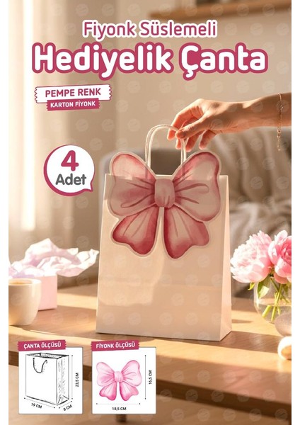Burgu Saplı Karton Kurdeleli Çanta 4 Adet Hediye Paketi Çanta Poşet (Pembe)Doğum Günü, Düğün, Bebek PARTISI-T1541 modelleri