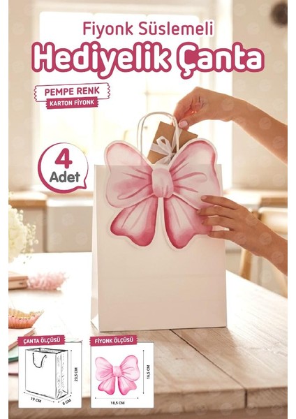 Burgu Saplı Karton Kurdeleli Çanta 4 Adet Hediye Paketi Çanta Poşet (Pembe)Doğum Günü, Düğün, Bebek PARTISI-T1541 fırsatları
