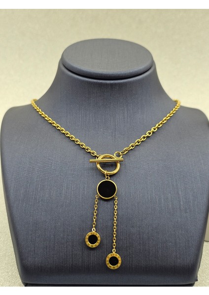 Halka Detaylı Y Model Siyah - Altın Renk Çelik Kolye fırsatları